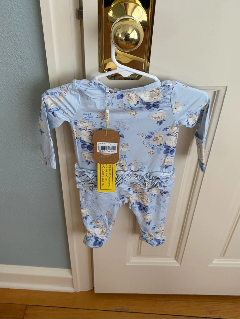 NWT Angel Dear Bamboo Light Blue Rose Floral Ruffle Back Footed One-Piece Pajama